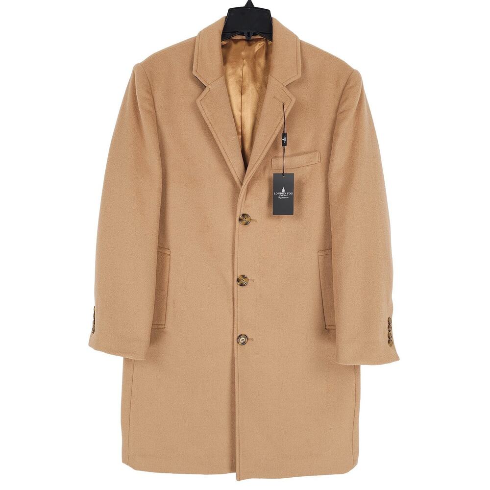 London Fog Signature Mens Classic Fit Overcoat 38S Beige Camel Solid Wool Blend